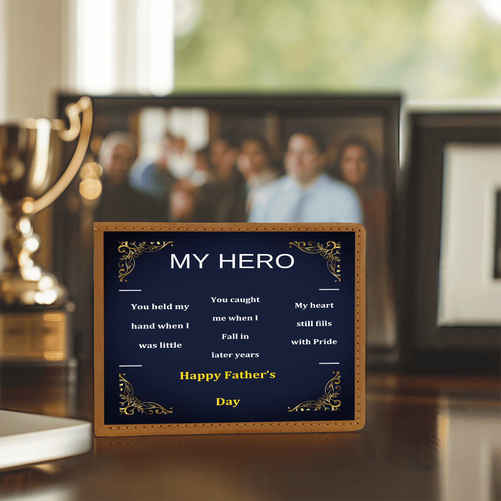 Brown leather wallet with navy front panel and gold “MY HERO” Father’s Day print