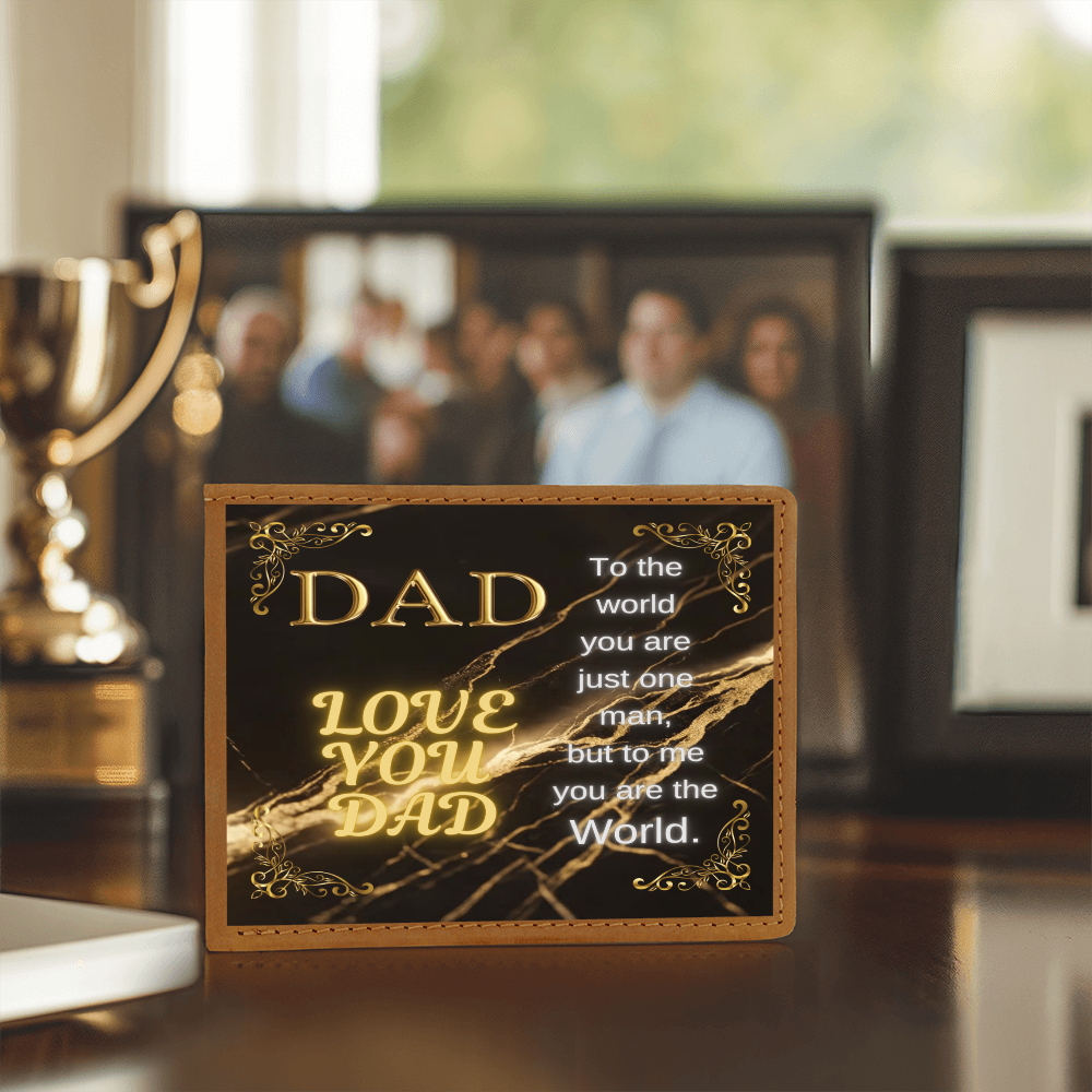 Tan leather wallet with gold 'DAD' quote panel and decorative corners
