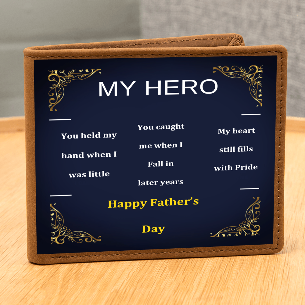 Brown leather wallet close-up, “My Hero” headline and “Happy Father’s Day” text