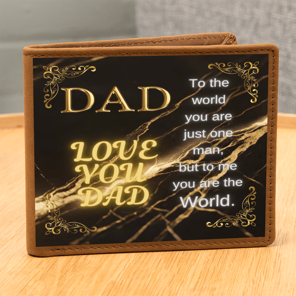 Tan leather wallet with black insert panel and gold 'DAD' quote decoration