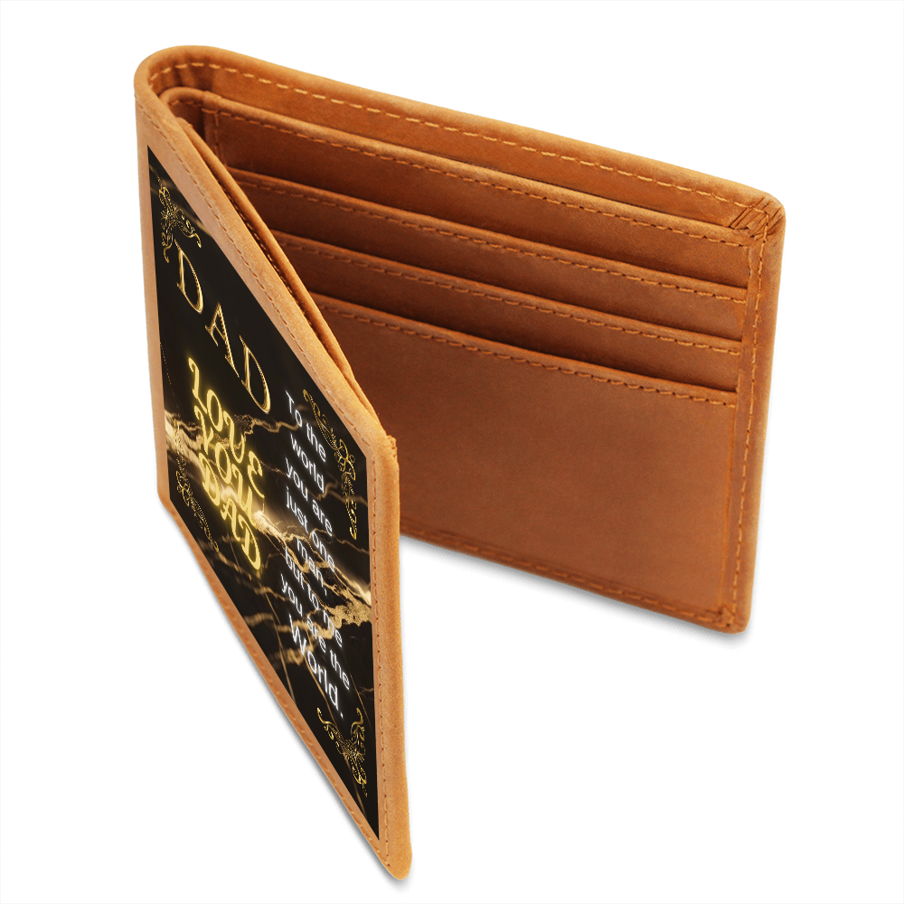 Tan leather wallet with gold-stitched card slots, slim fold-over design