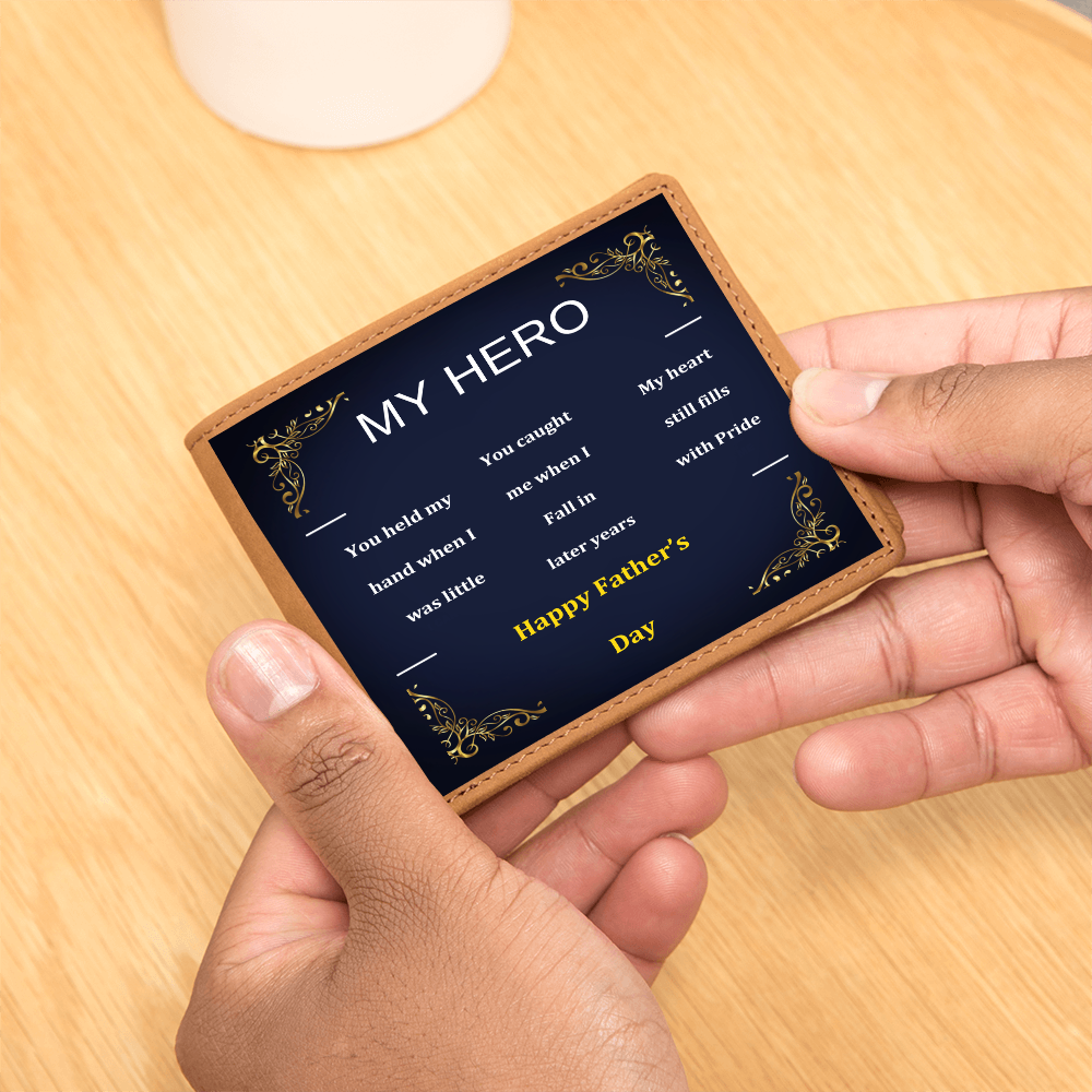 Brown leather wallet with navy front panel and gold “MY HERO” text
