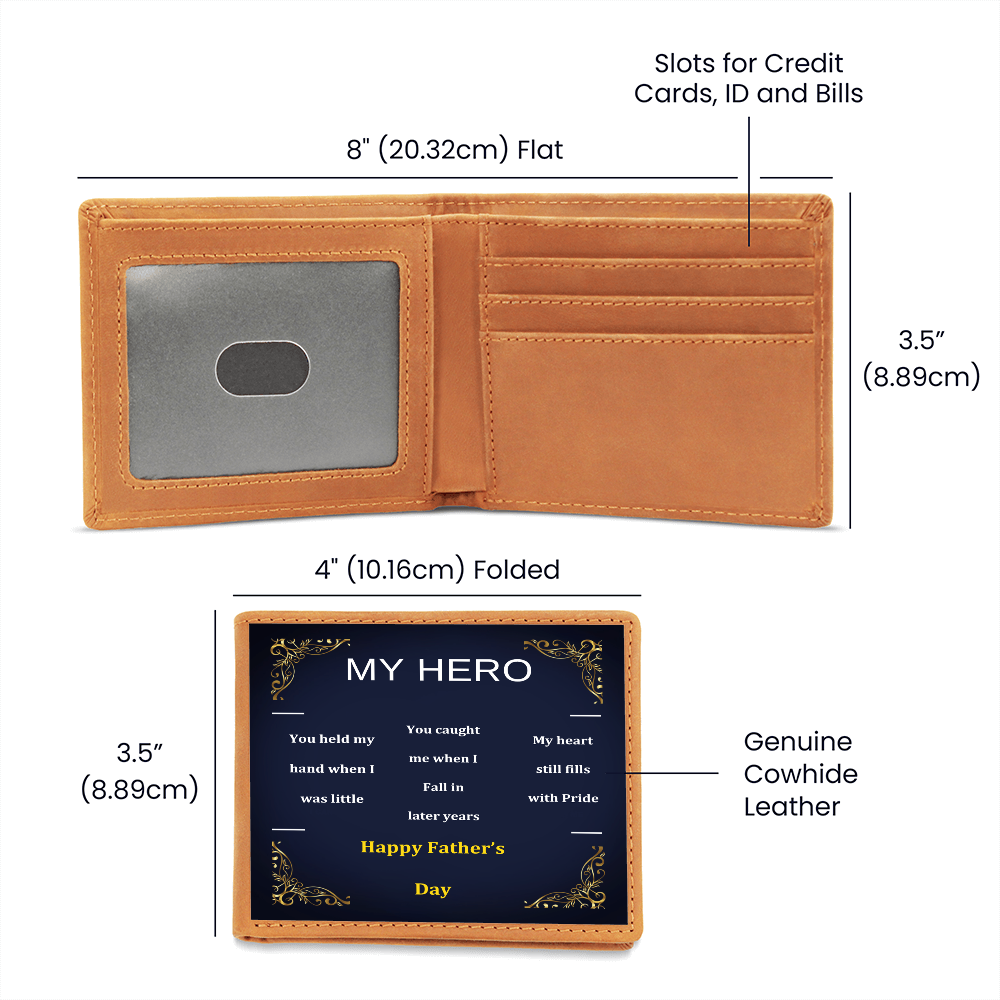 Folded brown leather wallet with ID and card slots; genuine cowhide leather, 8 in flat
