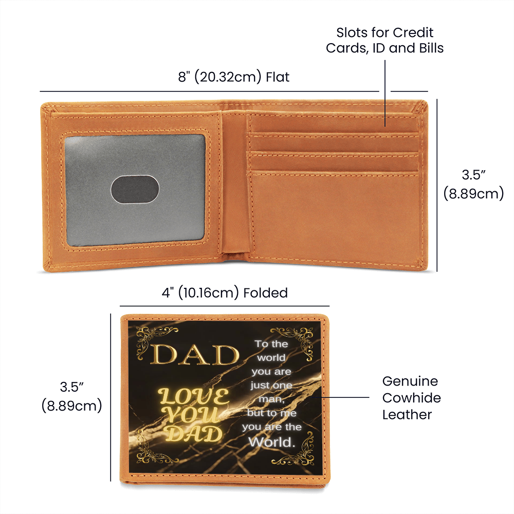 Genuine cowhide leather wallet, 8 in flat, 4 in folded, 3.5 in tall