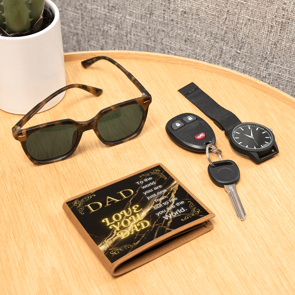 Tan leather wallet with gold 'DAD' quote panel and keyring loop