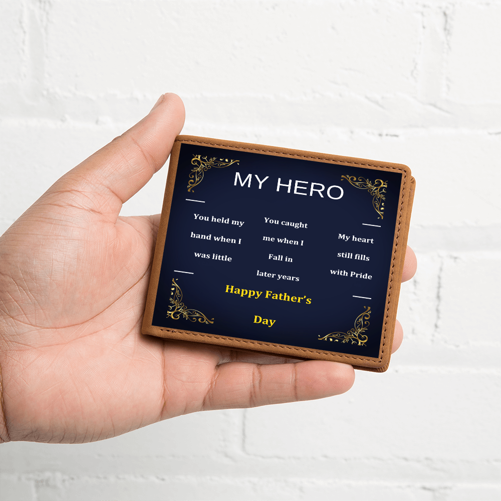 Brown leather wallet with navy insert and gold “MY HERO” Father’s Day message