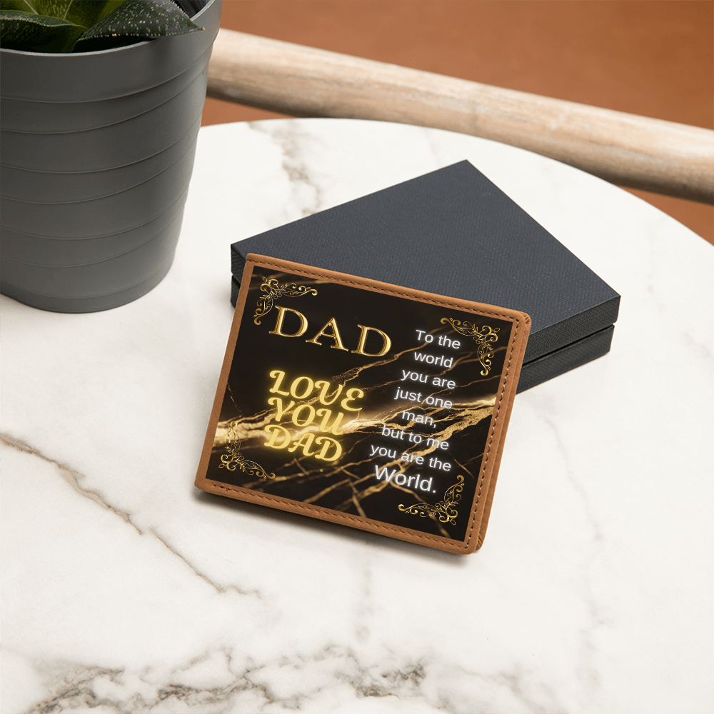 Tan leather wallet with gold 'DAD' quote panel and stitched edges