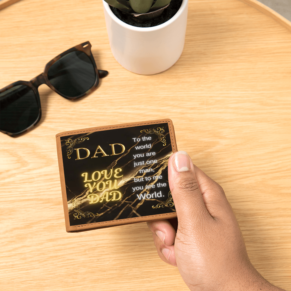 Tan leather wallet with gold 'DAD' quote panel and open card compartments