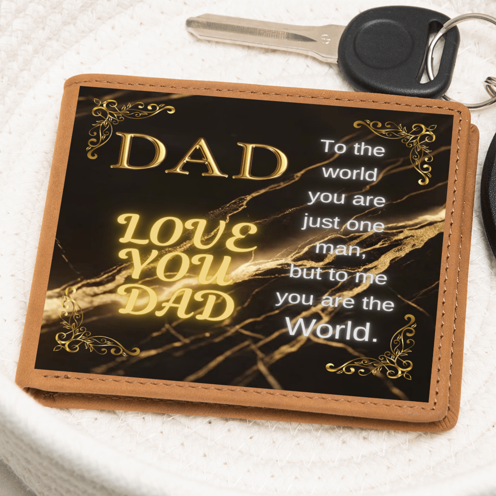 Tan leather wallet with gold 'DAD' quote panel and attached keyring loop