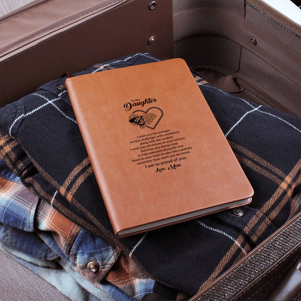 Brown vegan leather notebook journal with heart-and-butterfly message on cover
