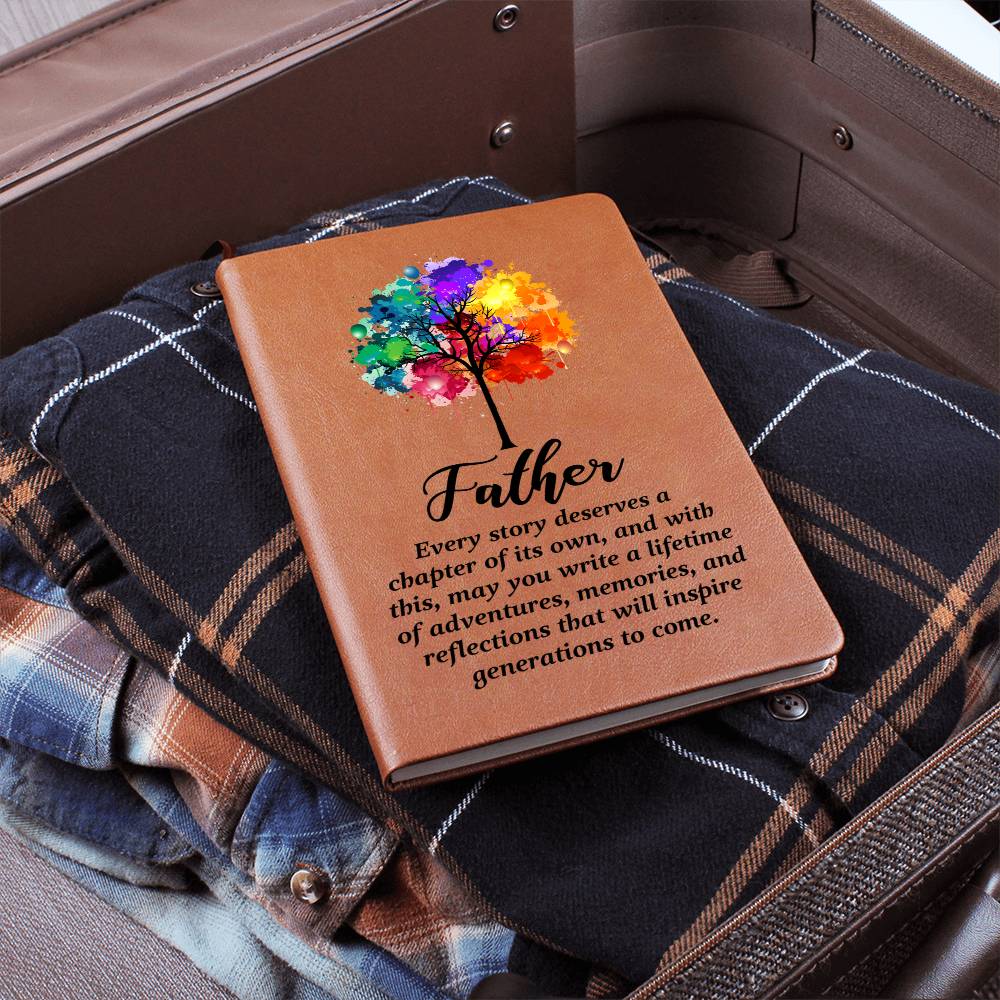 Tan vegan-leather journal cover with colorful tree of life and 'Father' text