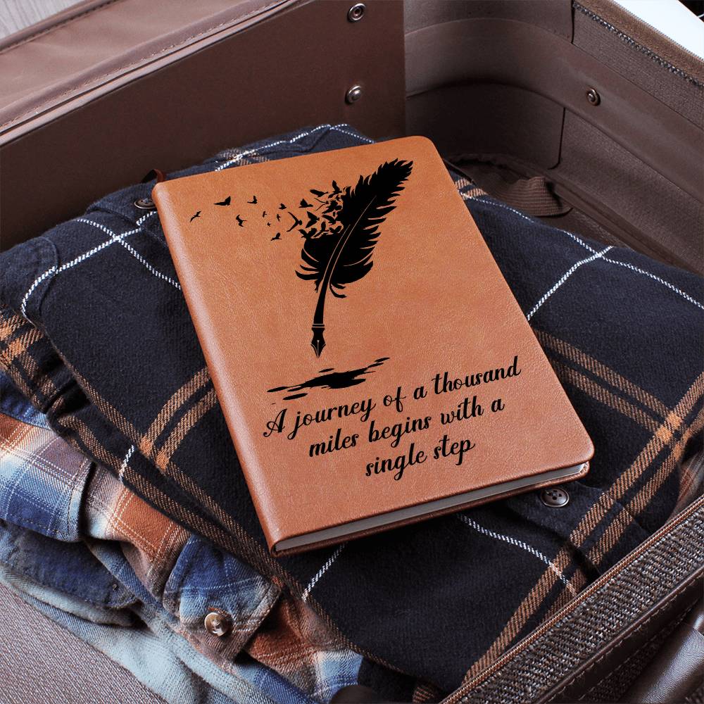 Brown vegan leather graphic journal with feather-and-birds front cover