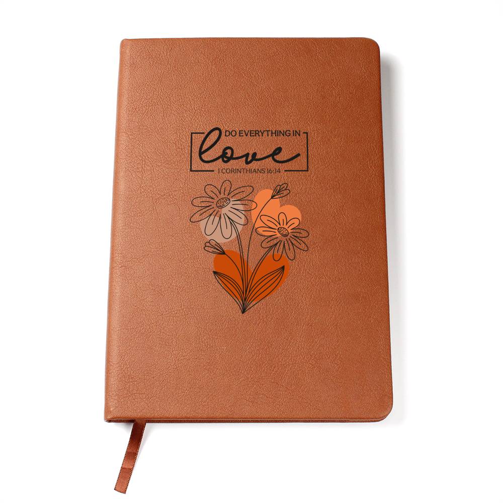 Orange-brown hardcover journal with floral heart and Love scripture quote
