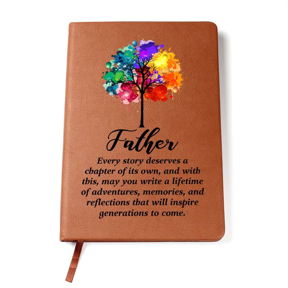 Tan hardcover journal with colorful tree of life and 'Father' quote on front