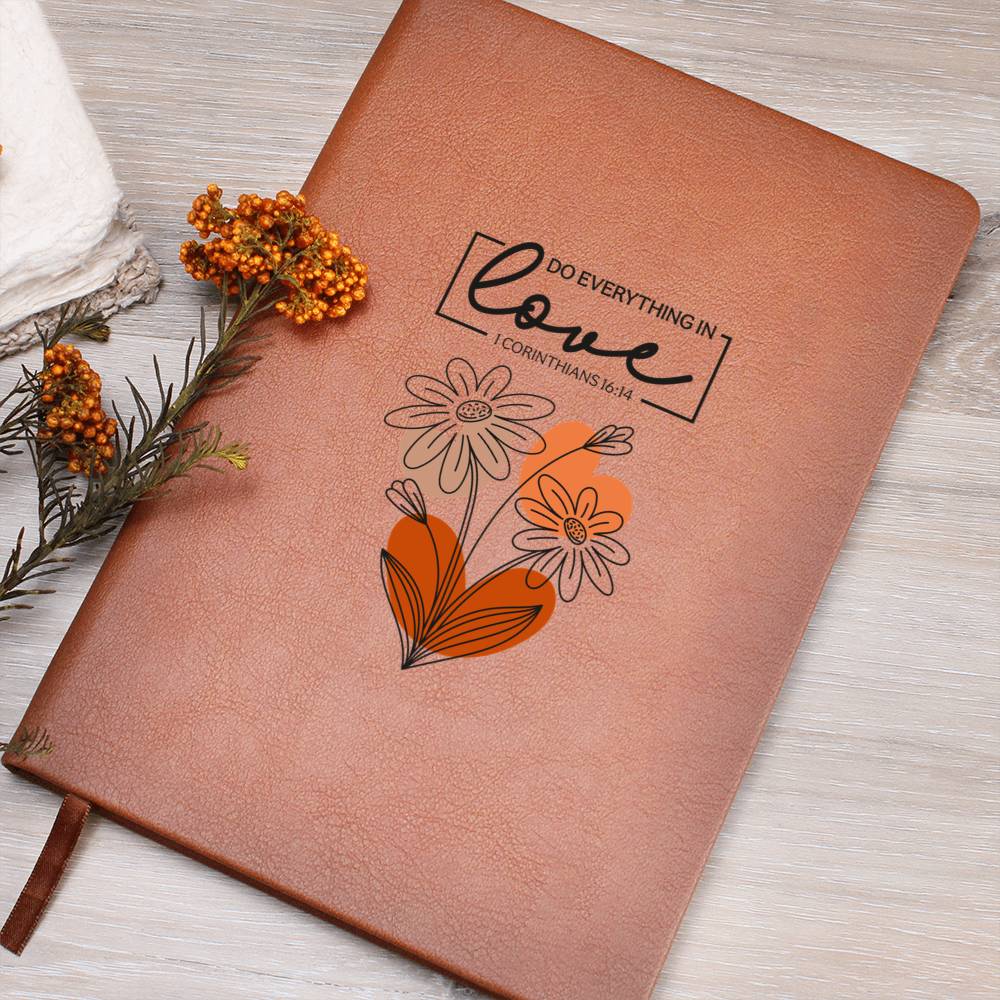 Orange-brown journal with floral heart and Love scripture quote on front cover