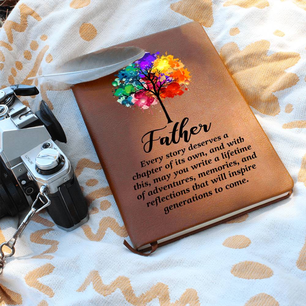 Tan journal with colorful tree of life and 'Father' quote, elastic band closed