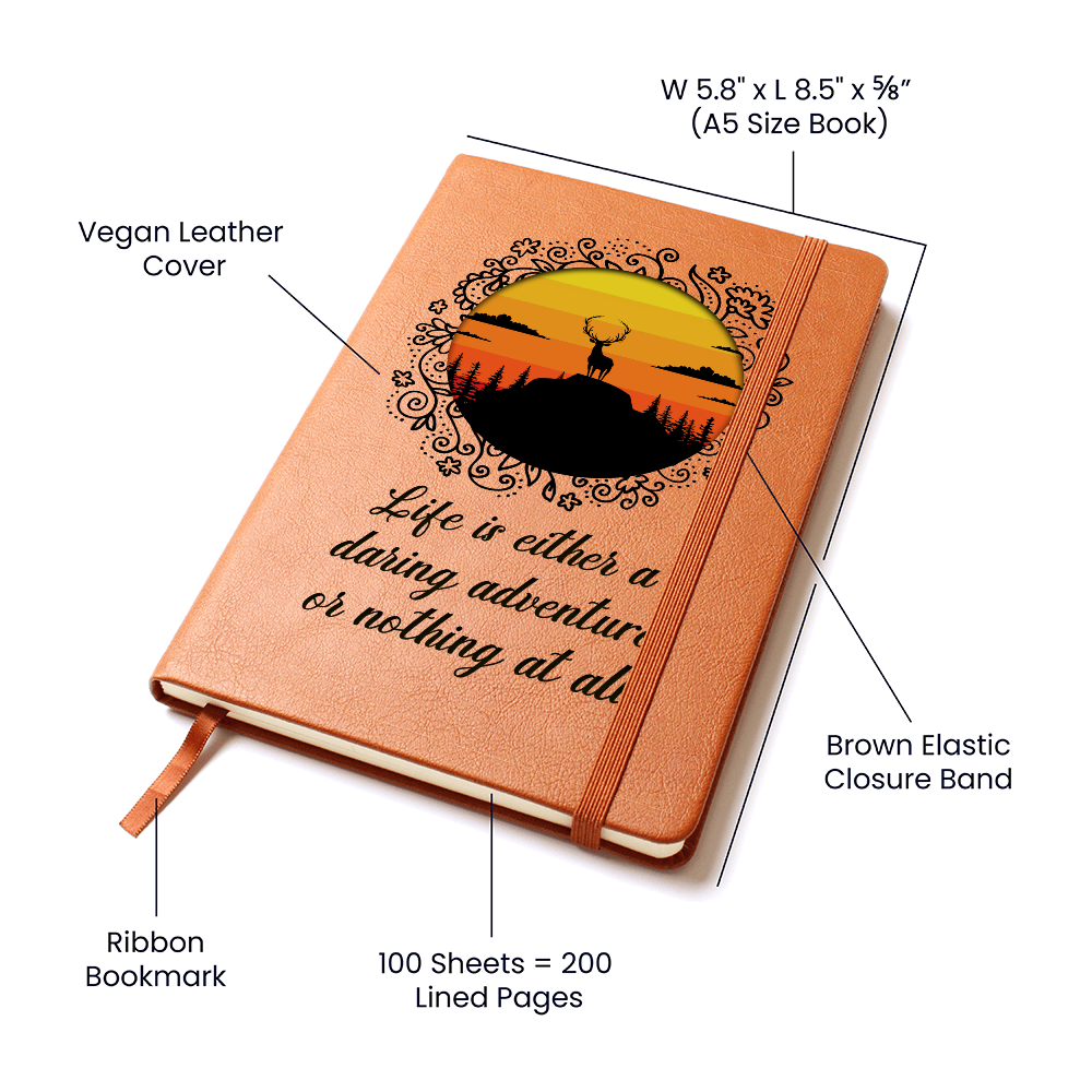 Orange vegan leather journal: elastic closure band, ribbon bookmark, 100 lined sheets