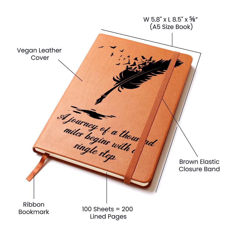 Brown vegan leather journal with ribbon bookmark, elastic closure, 100 lined pages
