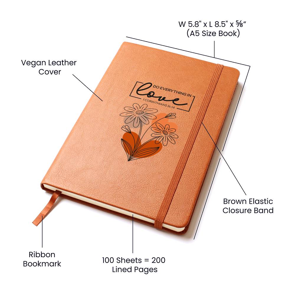 Orange-brown vegan leather journal with ribbon bookmark and floral heart scripture cover