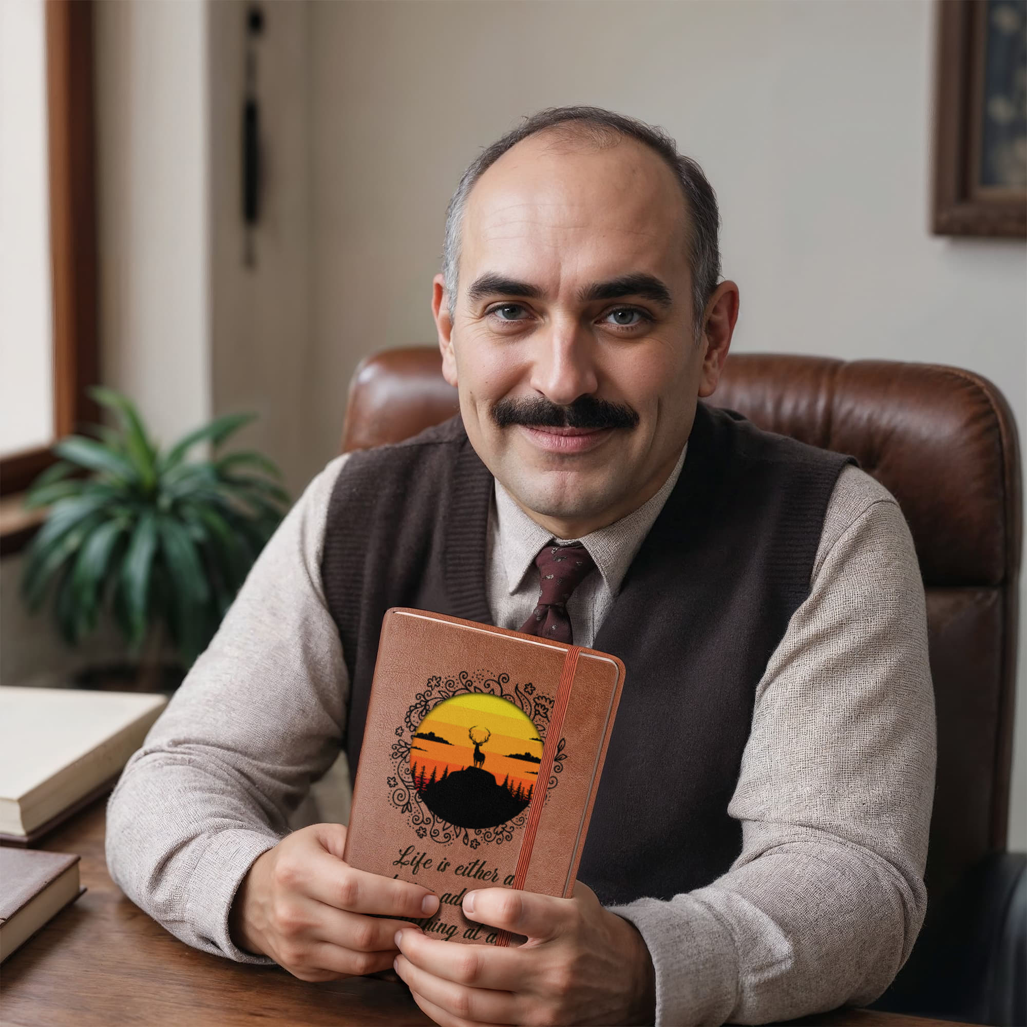 Man holding orange leather-look journal showing rider emblem and script quote