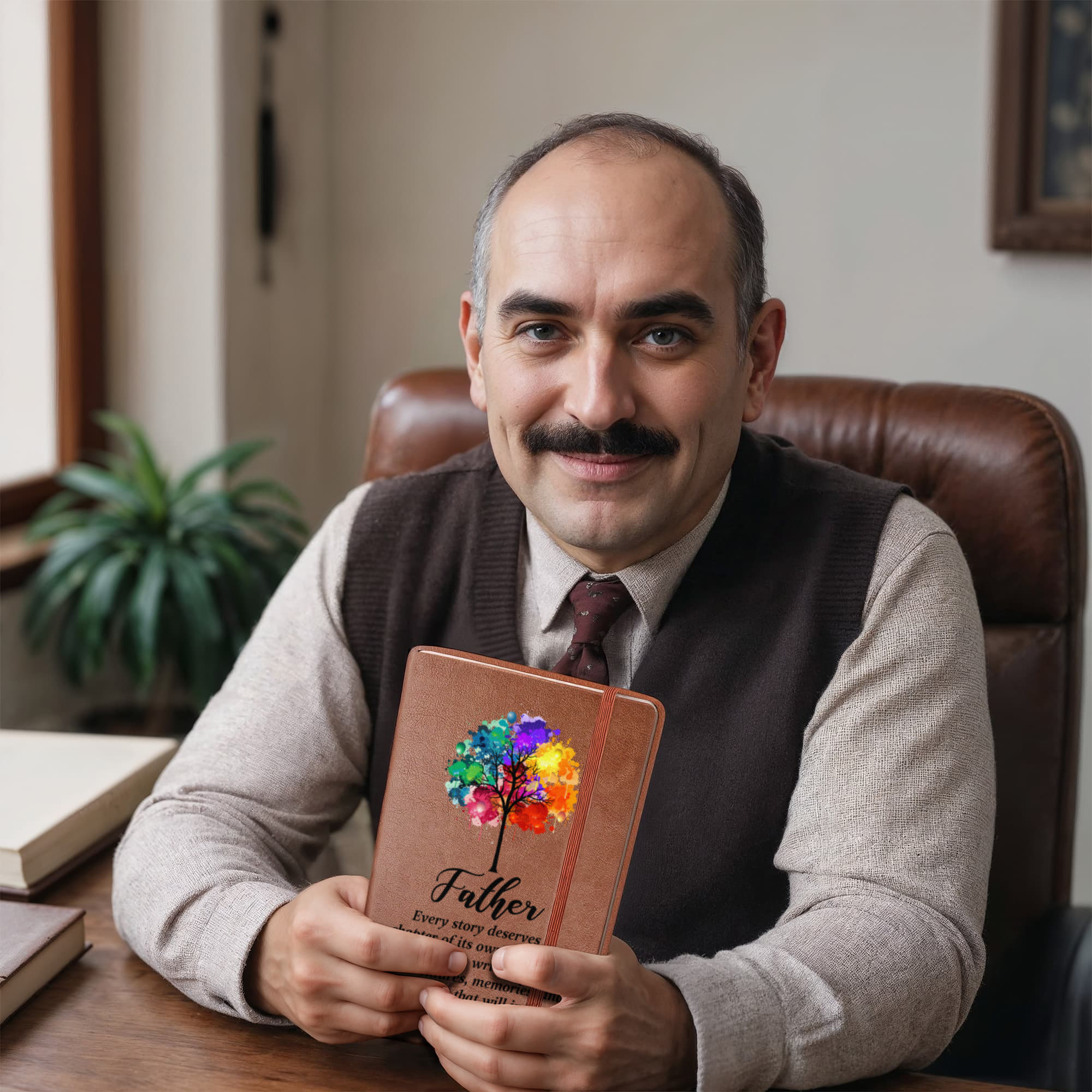 Tan journal with colorful tree of life and 'Father' quote, held in hand
