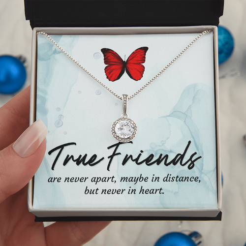 Silver friendship necklace with red butterfly charm and round crystal pendant