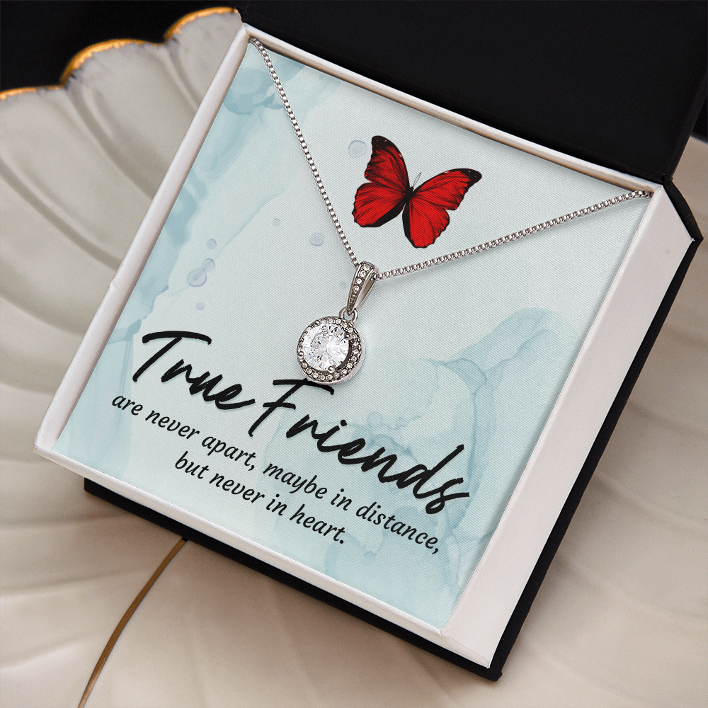 Silver butterfly friendship necklace with round crystal pendant on a delicate chain