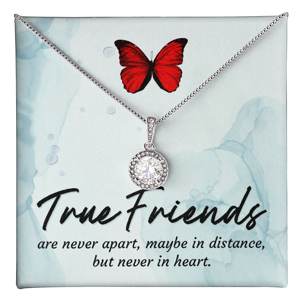 Silver friendship necklace featuring a red butterfly charm and round crystal pendant