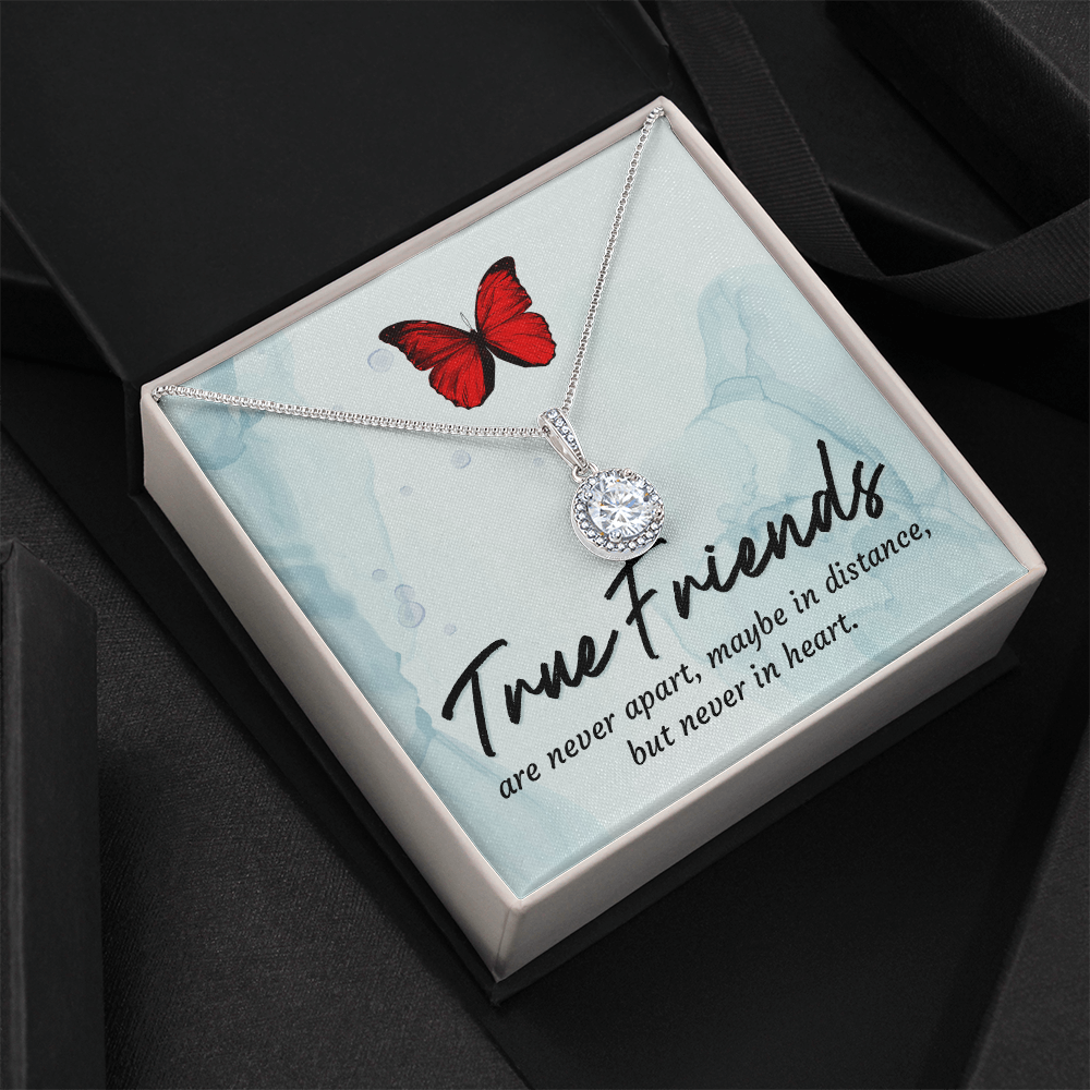 Silver friendship necklace with red butterfly charm and circular crystal pendant