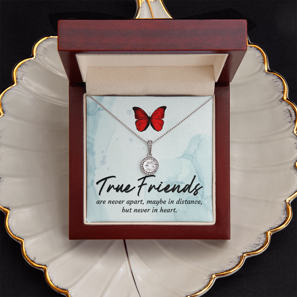 Silver butterfly friendship necklace with a round crystal pendant and red butterfly charm