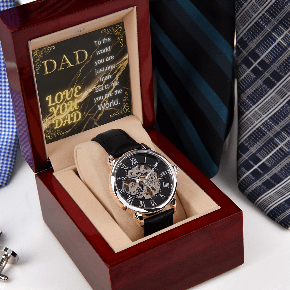 Wristwatch with black leather strap and openwork dial in wooden gift box