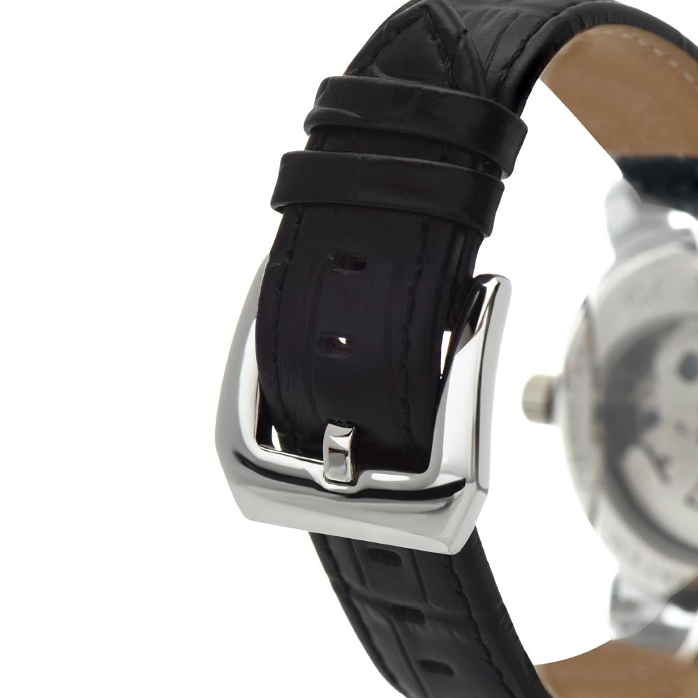 Open-work wristwatch with black leather strap and silver buckle, close-up