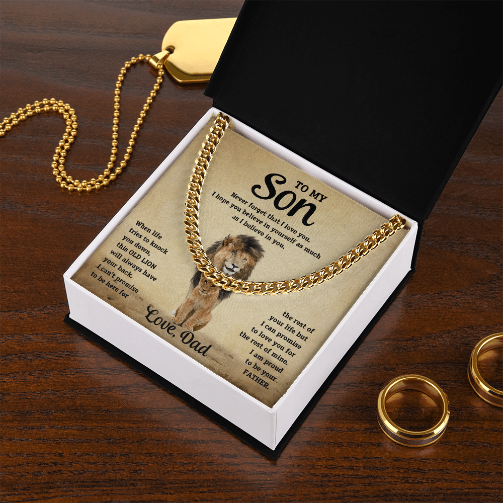 Gold-tone curb-link necklace with lion pendant and heartfelt message on gift card