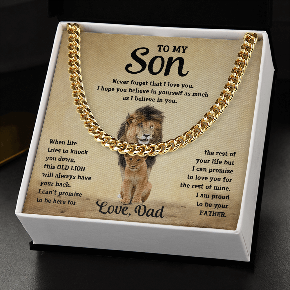 Gold-tone chain necklace with lion pendant and 'To My Son' 'Love, Dad' text