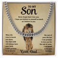 Silver-tone curb-link necklace in display box with lion portrait and “Love, Dad”