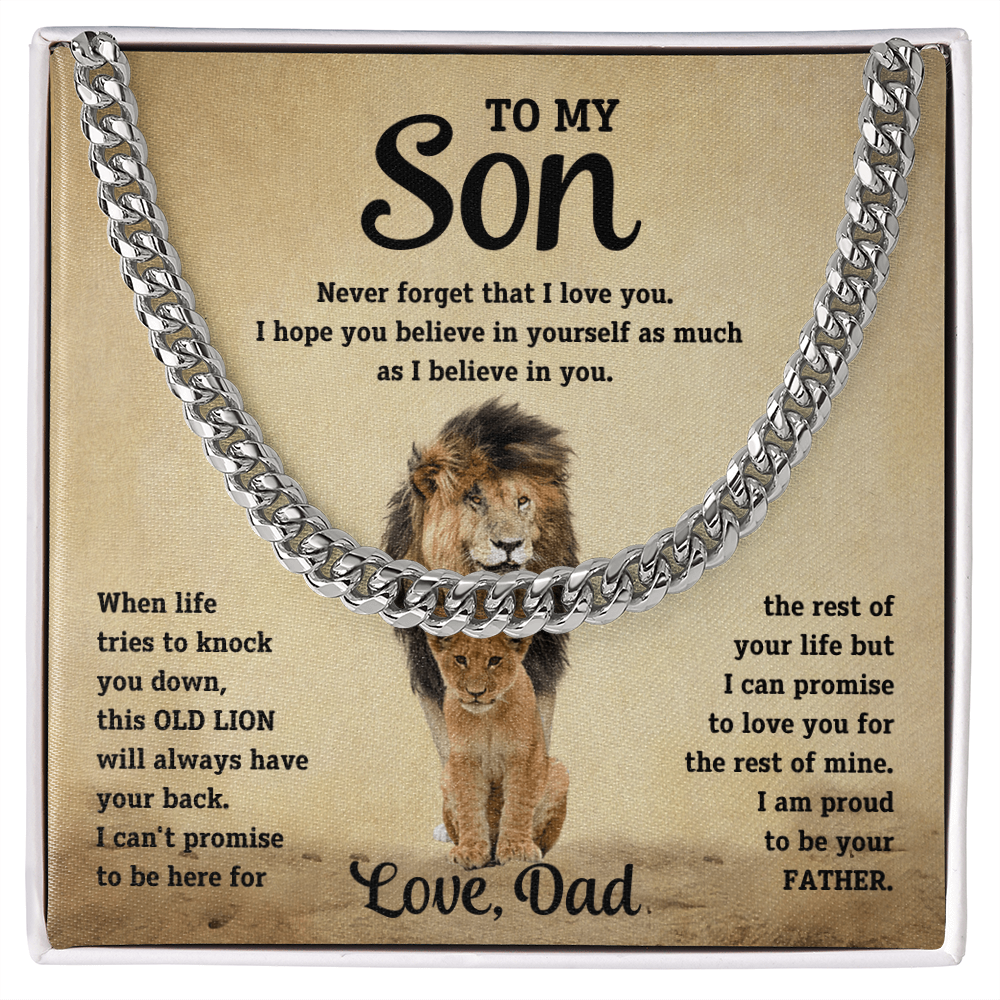 Silver-tone curb-link necklace in display box with lion portrait and “Love, Dad”