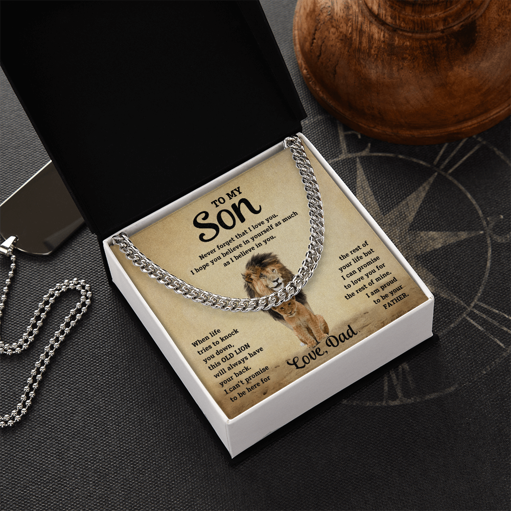 Silver-tone curb-link necklace on gift box with lion pendant and “To My Son” text