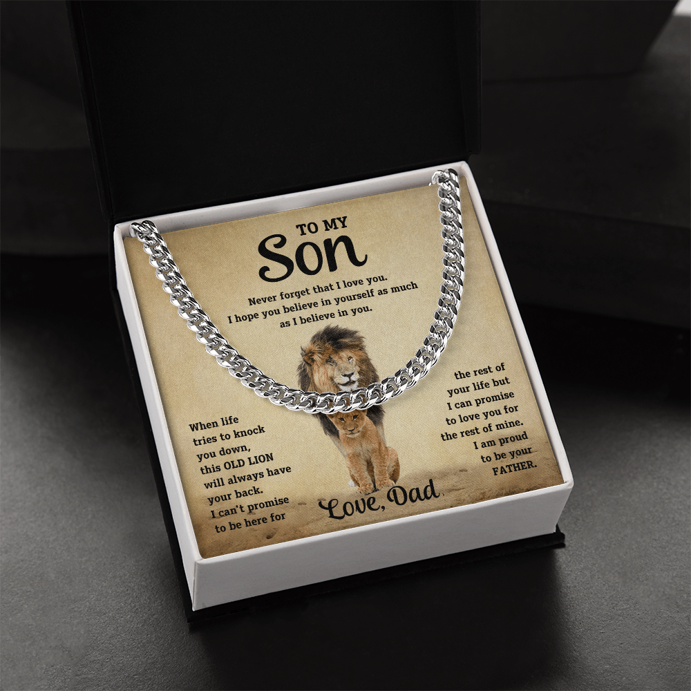 Silver-tone curb-link necklace in open white box with lion message card