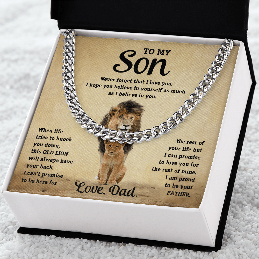 Silver-tone curb-link necklace in white gift box on textured background