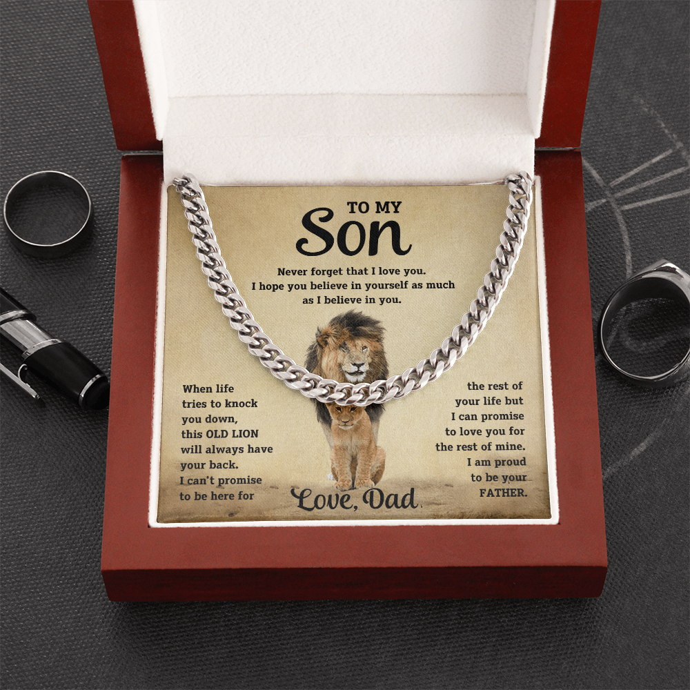 Silver-tone chain necklace with lion pendant and 'To My Son' 'Love, Dad' text