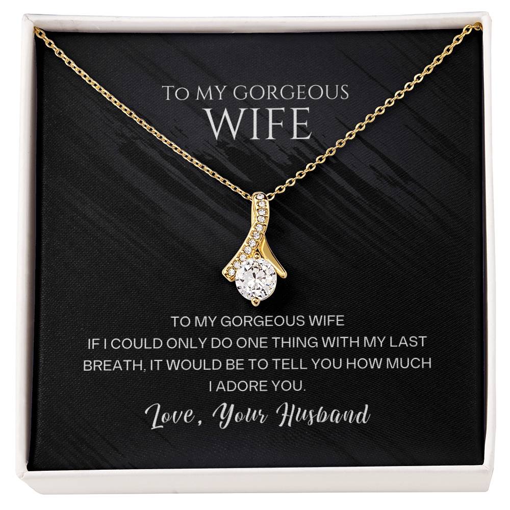Gold-tone wife pendant necklace with teardrop crystal charm on chain in gift box