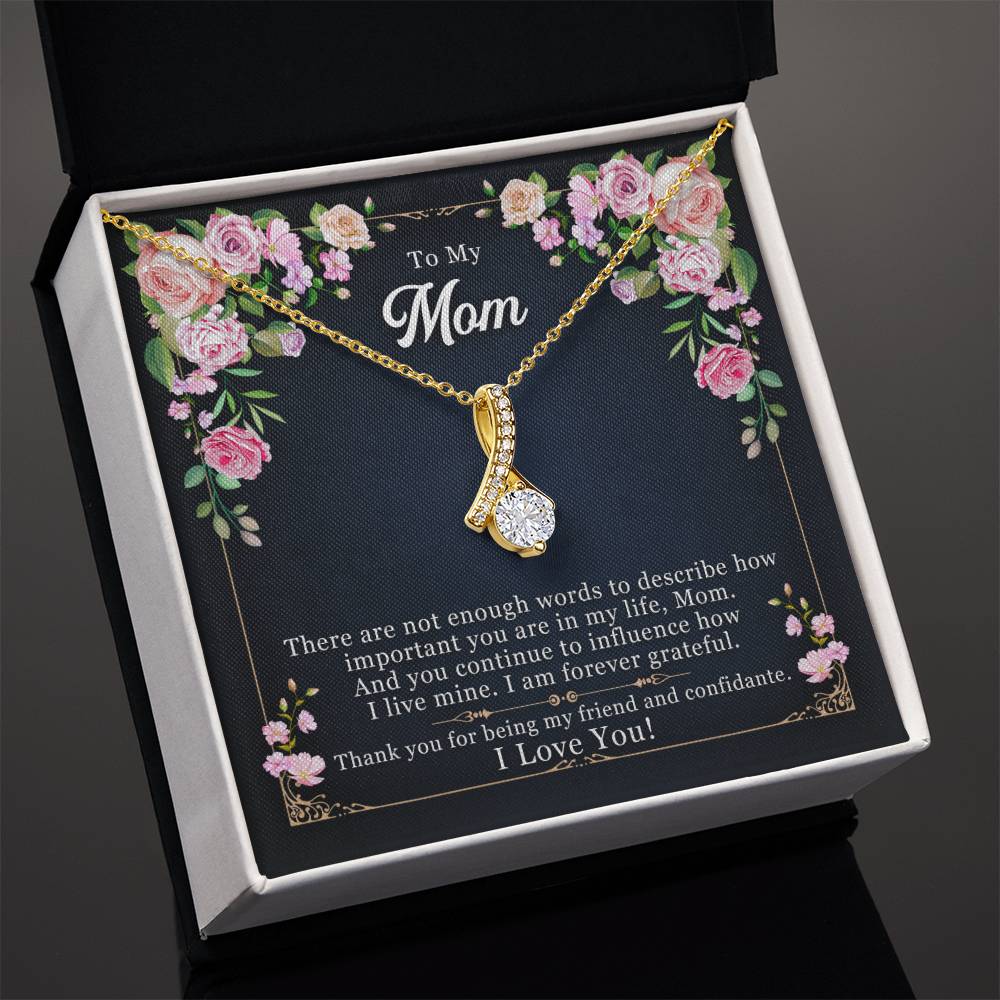 Gold-tone mom pendant necklace in black gift box with floral card