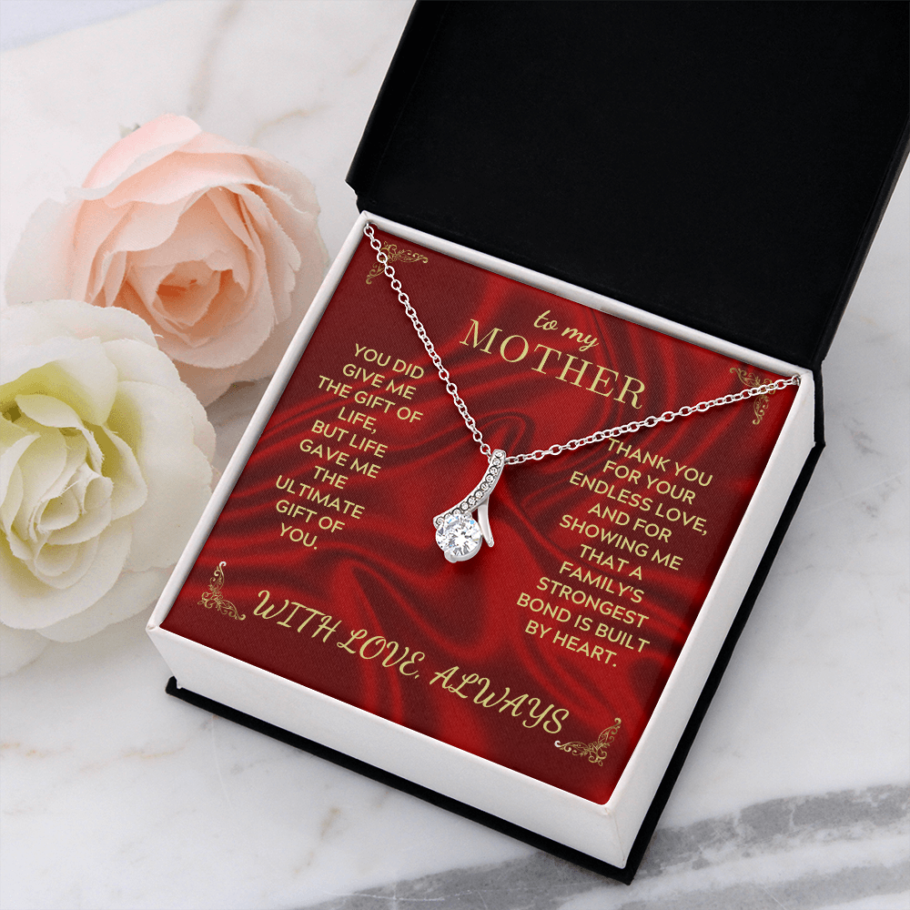 Red velvet gift box necklace with silver chain and teardrop heart charm for Mom
