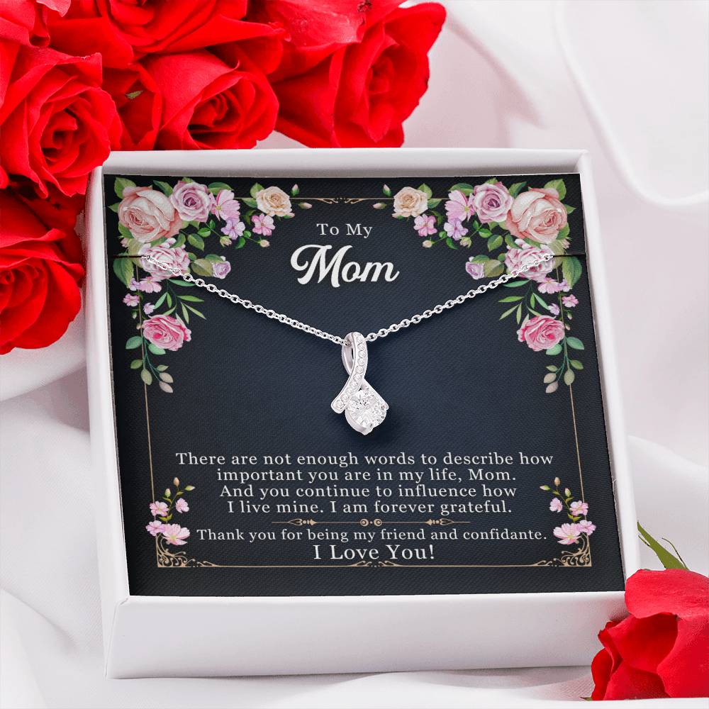Silver-tone mom pendant necklace with small floral card in gift box