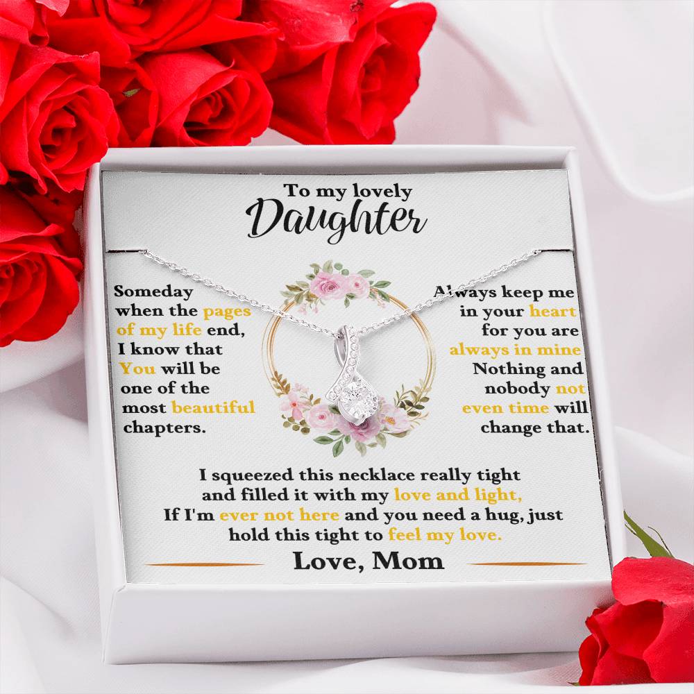 Silver-tone daughter keepsake necklace in white gift box, floral heart charm pendant
