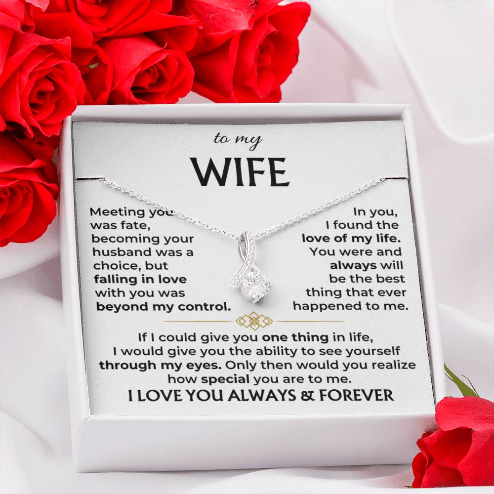 Silver-tone pendant necklace in box with 'to my WIFE' message card