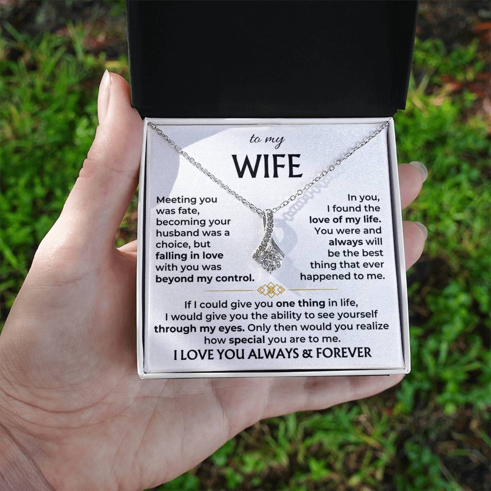 Silver-tone pendant necklace shown in open gift box with 'to my WIFE' text