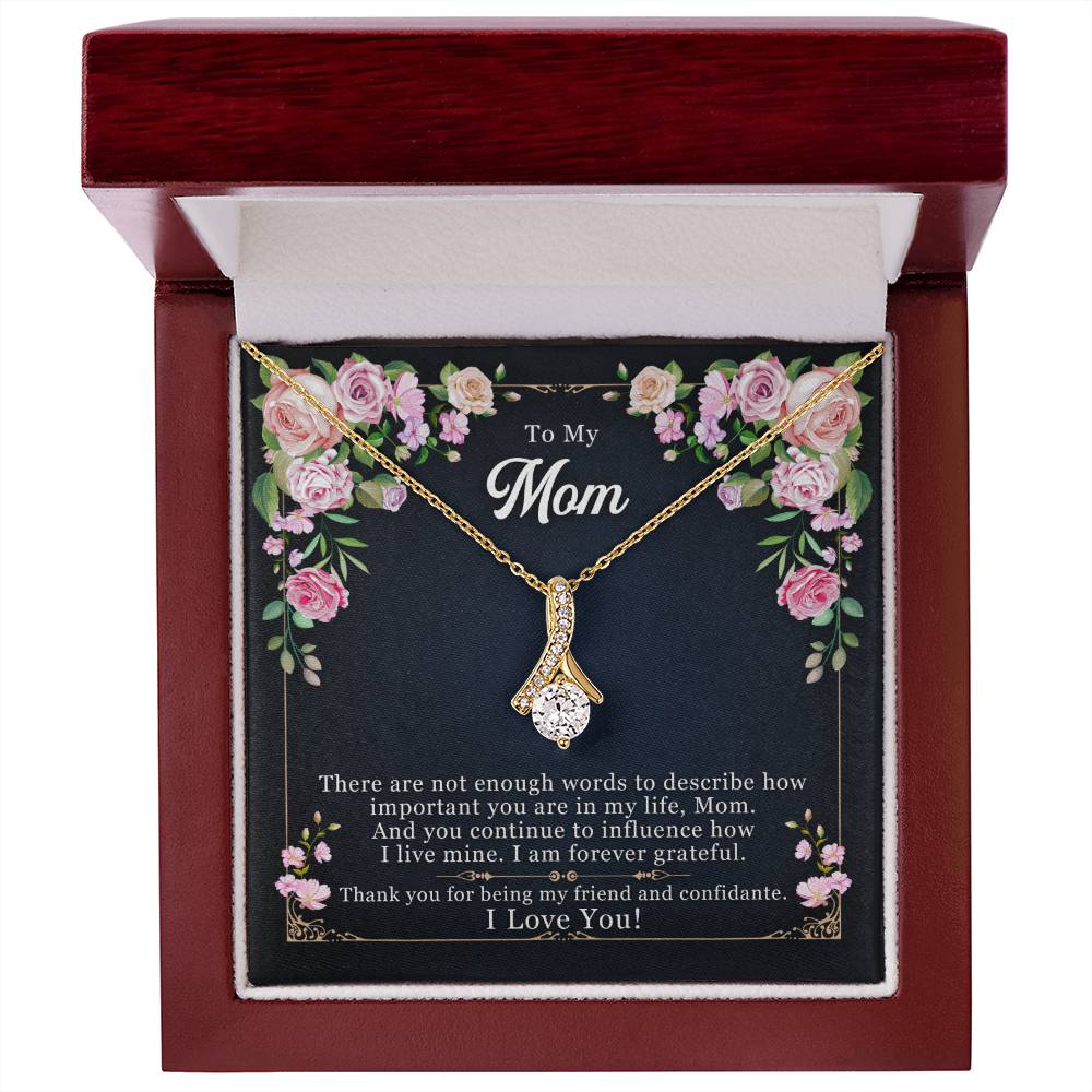 Gold-tone mom pendant necklace in red wooden gift box with floral card