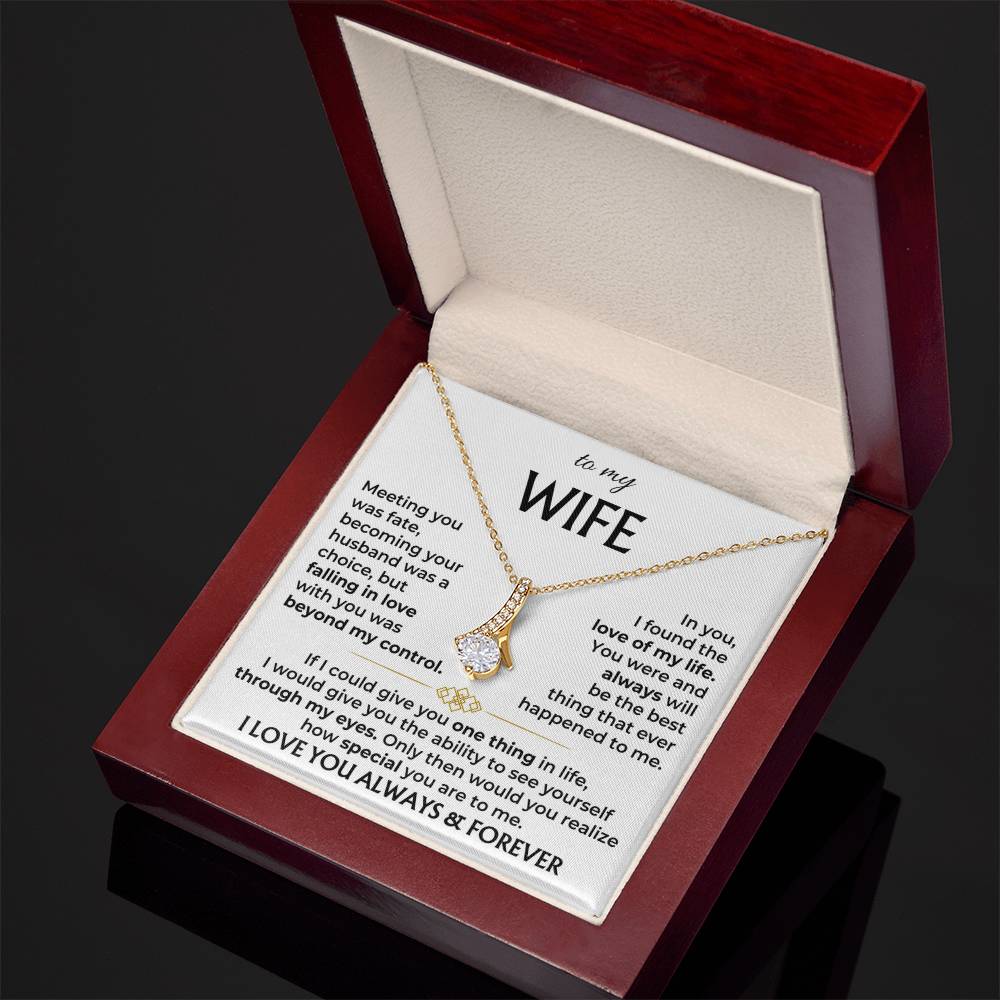 Gold-tone pendant necklace in red presentation box with 'to my WIFE' card