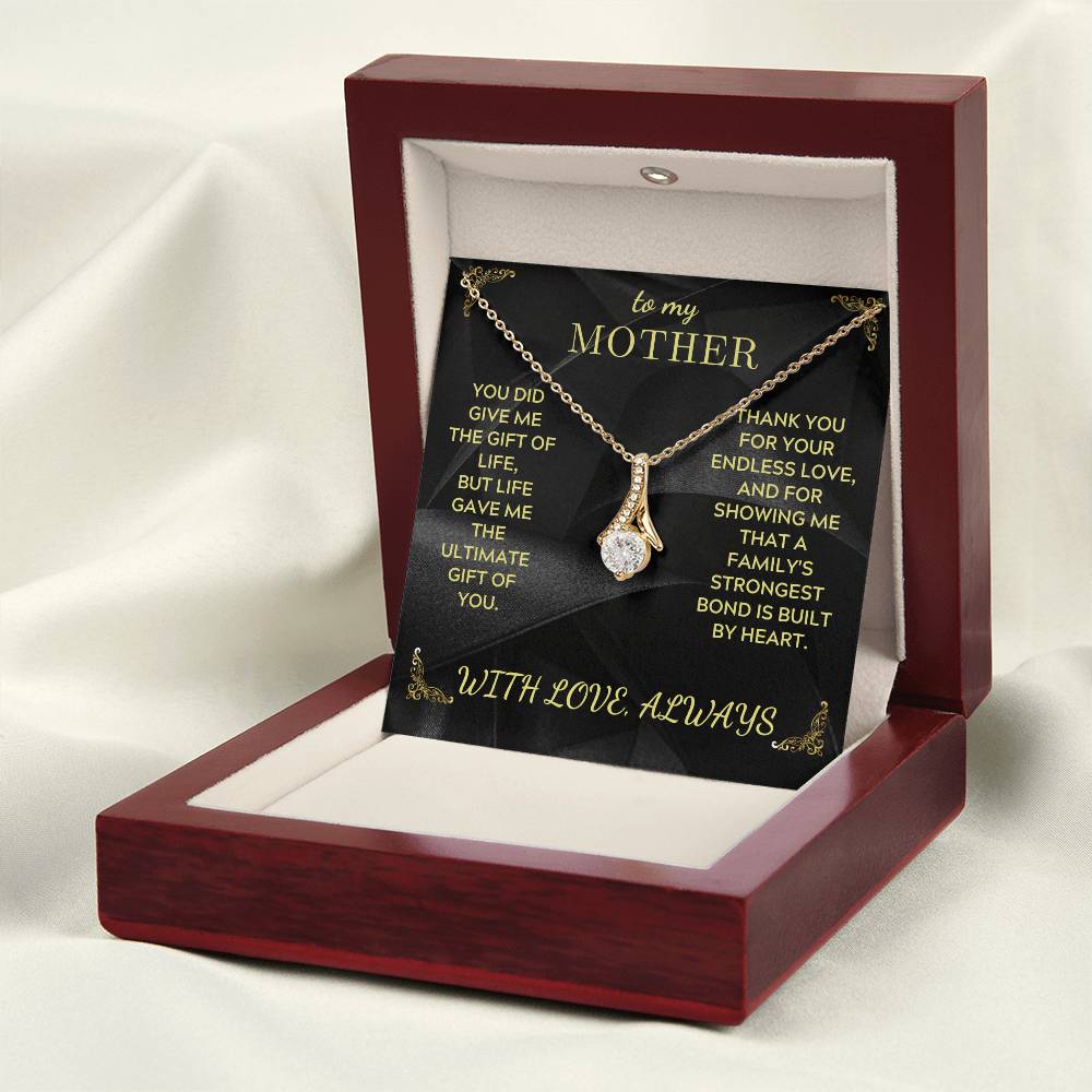 Gold-tone mother necklace in red wood-style gift box with black message card